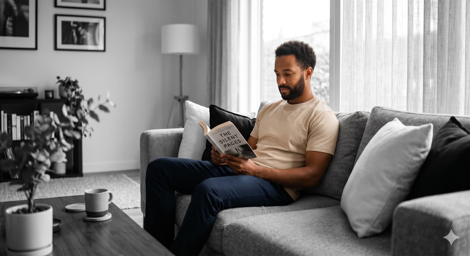 A man relaxing on the sofa in a bone tee