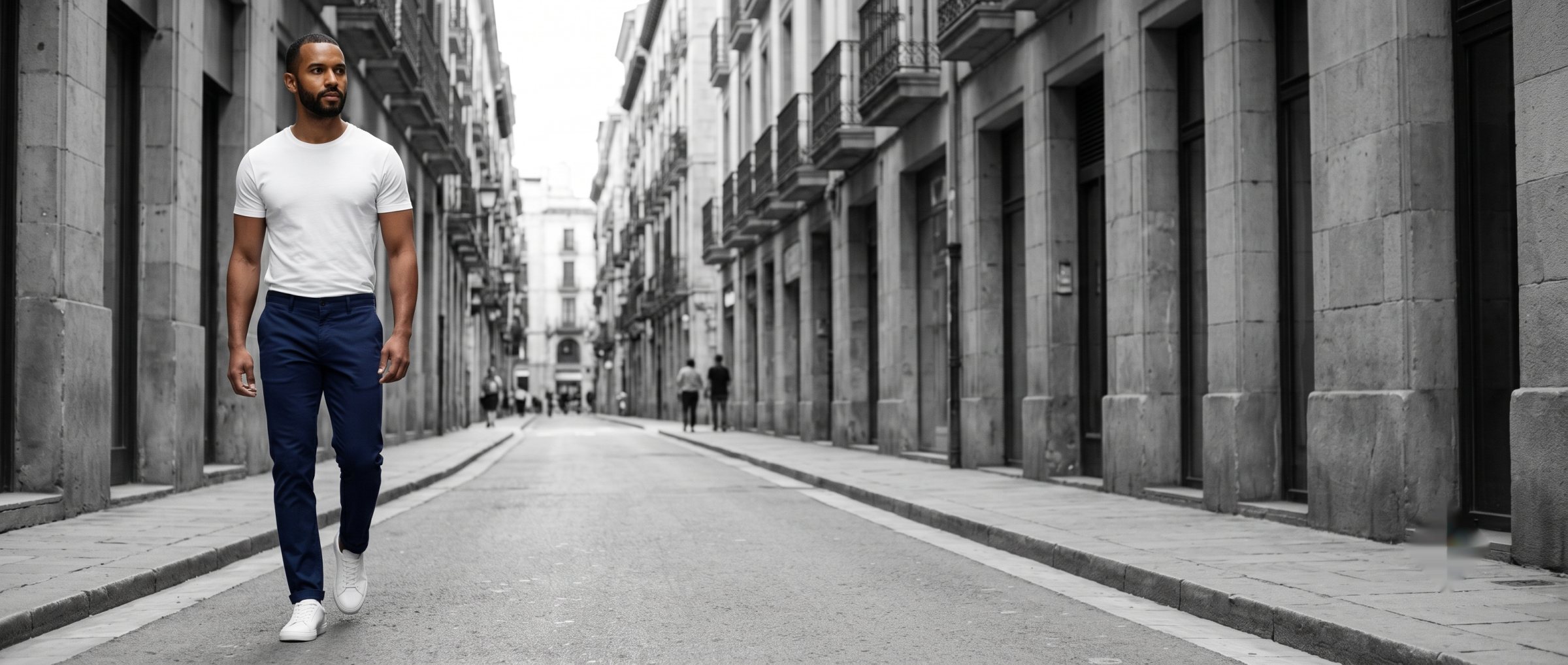 A man walking a city street in navy Landivar chinos